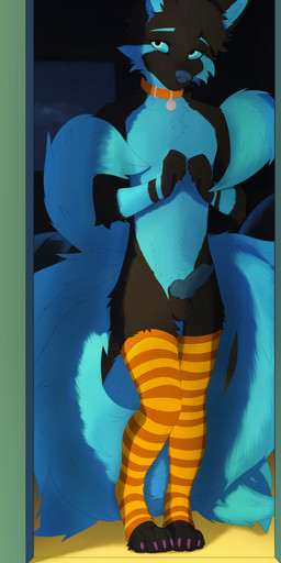 animal_genitalia animal_penis anthro balls bedroom canine_genitalia canine_penis clothing collar detailed_background erection genitals legwear looking_away male multi_tail nude penis shy solo standing tail red_the_kitsune canid canine fox mammal 2025 absurd_res digital_media_(artwork) full-length_portrait hi_res line_art portrait shaded watermark