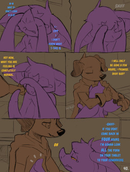 ambiguous_gender anthro big_ears blue_text bodily_fluids cloak clothed clothing comic_panel covering covering_face crying dialogue duo eyes_closed hug purple_body sniffling tears text wings yellow_eyes yellow_text conditional_dnp dacad tyler_(dacad) zipper_(dacad) bat canid canine mammal comic hi_res restricted_palette
