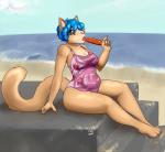 anthro beach biped blue_hair breasts brown_eyes cleavage clothed clothing female food hair looking_at_viewer one-piece_swimsuit outside paws popsicle pose seaside short_hair sitting slightly_chubby solo swimwear tongue alterkitten brynn domestic_cat felid feline felis mammal 2015 absurd_res hi_res