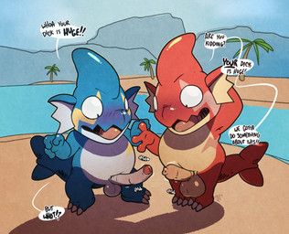 balls beach belly big_balls blue_body blush comparing comparing_penis dialogue duo embarrassed erection exclamation_point fin foreskin genitals long_penis male male/male open_mouth palm_tree penis penis_size_comparison plant red_body slightly_chubby text throbbing throbbing_penis tree water argon_vile palworld pocketpair gobfin gobfin_ignis pal_(species) english_text hi_res