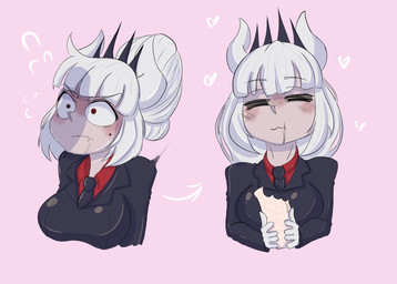 blush breasts clothed clothing female food hair heart_eyes heart_symbol holding_food holding_object pancake penis_shadow red_eyes solo white_hair darkynsfw helltaker demon demon_humanoid humanoid 2020 absurd_res hi_res