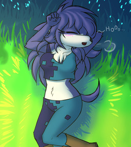 anthro blue_body blue_fur blue_hair blush clothing female fur hair long_hair shirt short_tail sigh sleeping solo tail tank_top topwear w0lfmare bloodline_(webcomic) ember_(bloodline) canid canine canis mammal wolf hi_res