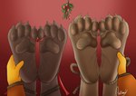 4_toes all_fours anthro big_feet bound claws duo feet feet_up female female/female foot_fetish foot_focus foot_grab foot_play gift gift_wrapped group holidays male male/female male/male pawpads paws raised_paw soles toe_claws toes trio wrinkles anthony444333 christmas canid canine felid feline mammal absurd_res hi_res