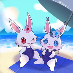 beach beach_umbrella bedding biped bipedal_feral blanket blue_clothing blue_eyes blue_swimwear blush clothing cloud day duo ear_piercing ear_ring female female_feral feral flower_on_head front_view fur grey_body grey_fur landscape licking licking_lips looking_at_another male male_feral markings monotone_body monotone_fur multicolored_body multicolored_fur one-piece_swimsuit one_eye_closed parasol paws piercing red_eyes ring_piercing sand seaside sky spots spotted_body spotted_fur swimwear text tongue tongue_out two_tone_body two_tone_fur under_shade white_body white_fur zyuuniie jewelpet sanrio sega sega_fave ageam_(sylvtasticalsylveon) ruby_(jewelpet) lagomorph leporid mammal rabbit 1:1 2026 artist_name digital_drawing_(artwork) digital_media_(artwork) hi_res shaded soft_shading