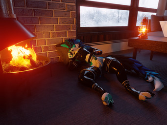 animal_genitalia animal_penis anthro balls black_body black_fur blue_body blue_fur blue_penis clothing erection fireplace fur genitals latex legwear male multicolored_body multicolored_fur nude paws penis sleeping smile solo straps tail white_body white_fur endoras endoras_(character) canid canine mammal rexouium 3d_(artwork) 4:3 absurd_res blender_(artwork) digital_media_(artwork) hi_res