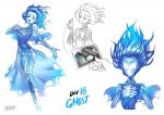 bone clothing dress female not_furry photo skeleton text translucent translucent_body translucent_skin ryuusei_(mark_ii) ghost spirit blue_theme digital_drawing_(artwork) digital_media_(artwork) english_text handwritten_text multiple_images multiple_versions restricted_palette signature