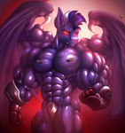 abs anthro biceps big_muscles blood bodily_fluids clothing cybernetic_arm cybernetic_limb glowing glowing_eyes huge_muscles hyper hyper_muscles male muscular muscular_anthro muscular_male muscular_thighs red_eyes solo wings rizzyofen friendship_is_magic hasbro my_little_pony shadowbolts_(mlp) bat_pony equid equine horse mammal pony hi_res