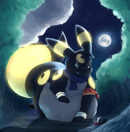 abdominal_bulge ambiguous_gender belly belly_on_ground big_tail black_body black_fur bracelet clothing feral forest forest_background full_moon fur glowing glowing_markings grey_body grey_fur hat head_tuft headgear headwear heterochromia jewelry looking_at_belly markings moon night paw_on_belly paws plant scarf smile smirk tail tree tuft vore raster_dreams nintendo pokemon eeveelution generation_2_pokemon pokemon_(species) umbreon absurd_res hi_res