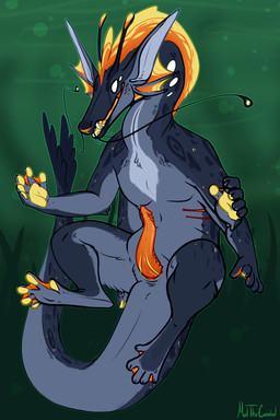 antennae_(anatomy) anthro blue_body blue_fur empty_eyes erection feet fully_submerged fur genitals gills male male_anthro membrane_(anatomy) multi_arm multi_limb nude nude_anthro nude_male orange_body orange_penis penis smile solo tail teeth toes underwater water webbed_feet webbed_hands whiskers meldritchhorror alien 2018 2:3 absurd_res hi_res