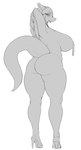 2018 anthro big_breasts blush breasts butt clothing dragon female footwear greyscale hair high_heels huge_breasts kemono long_hair looking_at_viewer looking_back mature_anthro mature_female monochrome mythological_creature mythological_scalie mythology non-mammal_breasts raised_tail scalie shirokoma simple_background smile snout solo tail white_background