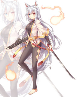 asian_clothing assault_rifle blowup_background blush bodysuit bottomwear clothing dagger dual_wielding east_asian_clothing female gun hair heterochromia holding_gun holding_object holding_ranged_weapon holding_rifle holding_weapon japanese_clothing katana kimono long_hair looking_at_viewer melee_weapon pants ranged_weapon rifle sash simple_background skinsuit solo sword tight_clothing weapon white_hair zoom_layer unknown_artist animal_humanoid canid canid_humanoid canine canine_humanoid fox fox_humanoid humanoid mammal mammal_humanoid absurd_res hi_res