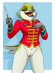 anthro bottomless bottomless_female casual_exposure clothed clothing conductor female genitals marching_band_uniform pussy singing solo stick uniform fish_birb sarah_(fish_birb) apodiform avian bird hummingbird absurd_res hi_res