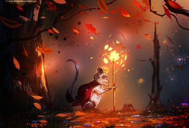 anthro cape clothing detailed_background fire grass plant solo standing tree ryky mammal mouse murid murine rodent 2015 digital_media_(artwork)