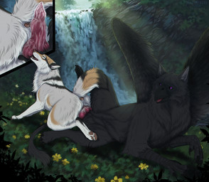 animal_genitalia animal_vulva anus aroused beak black_body bodily_fluids bundle butt canine_genitalia canine_vulva claws close-up close_view cookie cum duo erection fantasy female feral feral_on_feral feral_penetrated feral_penetrating feral_penetrating_feral flower food forest genital_fluids genitals hole_(anatomy) knot knotting male male/female natural nature penetration penis plant sex tail tree vaginal vaginal_penetration vulva waterfall wings msdeadsoul valiberite mythology solana_(valiberite) windlass avian bird canid canine canis domestic_dog fox gryphon hybrid mammal mythological_avian mythological_creature wolf hi_res