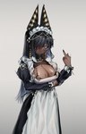 ankh apron arm_under_breasts bangs big_breasts black_hair blue_eyes blunt_bangs bra breasts cleavage clothed clothing dark_body dark_skin female gesture hair hair_over_eye hand_gesture jewelry long_hair long_nails long_sleeves looking_at_viewer maid_uniform middle_finger mouth_veil solo underwear uniform upper_body veil waist_apron greedice saitias_(greedice) anubian_jackal canid canine canis humanoid jackal mammal absurd_res hi_res