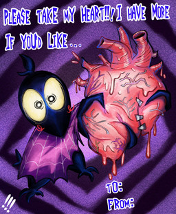 anthro beak blush cloak clothing gore heart_(organ) holidays humor male organs solo text valentine's_day_card puppy_guard valentine's_day wick_(puppy_guard) avian bird corvid corvus_(genus) crow oscine passerine english_text hi_res official_art