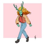 antlers border bottomwear clothed clothing eyes_closed female footwear green_body green_skin hair horn jacket multicolored_hair pants pink_background red_clothing red_shirt red_topwear shirt shoes simple_background smile solo topwear undershirt walking white_border bigmsaxon asian_mythology chinese_mythology east_asian_mythology mythology dragon humanoid kirin mythological_creature mythological_scalie scalie 1:1 2018 full-length_portrait hi_res portrait