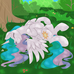 cutie_mark eyes_closed feathered_wings feathers female feral hair horn light light_beam lying multicolored_hair on_back outside plant princess quadruped rolling royalty solo sunbeam sunlight tail tree white_body white_feathers wings geomancing friendship_is_magic hasbro my_little_pony mythology princess_celestia_(mlp) equid equine mammal mythological_creature mythological_equine winged_unicorn 1:1 2013 hi_res