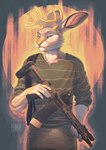 anthro antlers armed clothing ears_back fur grey_body grey_fur horn male pattern_clothing pivoted_ears standing striped_clothing stripes tuft weapon azuza windsnowandstatic hare jackalope lagomorph leporid mammal rabbit hi_res