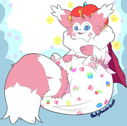 abstract_background ambiguous_gender big_diaper blue_sclera cape clean_diaper clothed clothing crown diaper dipstick_ears ear_markings facial_markings feral fur gloves_(marking) hand_on_diaper head_markings headgear lying markings multicolored_body multicolored_ears multicolored_fur on_back open_mouth open_smile pawpads pink_body pink_fur pink_pawpads pink_tail red_cape red_clothing smile snaggle_tooth solo striped_markings striped_tail stripes tail tail_markings text touching_diaper two_tone_body two_tone_fur two_tone_tail wearing_diaper white_body white_ear_tips white_fur white_tail poofypowderbutt nintendo pokemon moon_(mrmoonmoo) furret generation_2_pokemon pokemon_(species) absurd_res artist_name full-length_portrait hi_res portrait signature