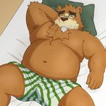 anthro band-aid bandage bed belly big_belly blush clothing eyes_closed eyewear furniture glasses humanoid_hands kemono lying male navel overweight overweight_male pillow solo underwear yaki_atsuage lifewonders tokyo_afterschool_summoners volos_(tas) bear mammal 1:1 2022 hi_res