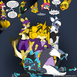 4_arms antennae_(anatomy) anthro big_breasts black_sclera blue_eyes breasts chair claws clothed clothing crown dialogue eyewear female fingers fur furniture group hair headgear looking_at_viewer male multi_arm multi_limb open_mouth shark_tail simple_background sitting smile speech_bubble tail text titania_(shin_kerron) white_body white_fur wings yellow_body yellow_fur shin_kerron bandai_namco digimon international_renamon_appreciation_month nintendo pokemon fan_character gwendolyn_(shin_kerron) absol animal_humanoid aquatic aquatic_humanoid arthropod bee canid canid_humanoid canine canine_humanoid canis digimon_(species) fish fish_humanoid fox fox_humanoid generation_3_pokemon humanoid hybrid hymenopteran insect mammal mammal_humanoid pokemon_(species) renamon shark shark_humanoid 1:1 2026 colored digital_drawing_(artwork) digital_media_(artwork) english_text