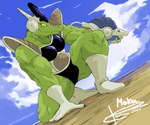 action_pose alien anthro armor biceps blueberry's_race clothing cloud cloudy_sky crimenes crocodile crocodilian dragon_ball dragon_ball_z green_body green_skin headgear helmet hi_res holding_object holding_weapon looking_at_viewer male moka_(fan_character) muscular muscular_anthro muscular_male pose reptile scalie sky snout solo uniform weapon