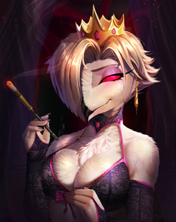 anthro armwear big_breasts bra breasts cigarette cigarette_holder cleavage clothed clothing crown elbow_gloves elegant female fluffy fur gloves handwear headgear lingerie non-mammal_breasts red_eyes smoking solo underwear white_body white_fur conquart avian bird owl bust_portrait hi_res portrait