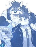 anthro clothing duo dvd male muscular muscular_anthro muscular_male necktie size_difference smile suit sakuhuu lifewonders live_a_hero barrel_(live_a_hero) dog_operator protagonist_(live_a_hero) canid canine canis domestic_dog mammal wolf hi_res