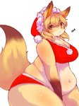 anthro belly big_belly big_breasts bottomwear breasts christmas_clothing christmas_headwear cleavage clothed clothing eyebrow_through_hair eyebrows female fur hair hat headgear headwear holidays huge_thighs looking_at_viewer navel obese obese_anthro obese_female overweight overweight_anthro overweight_female red_bottomwear red_clothing red_hat red_headwear red_topwear santa_hat solo thick_thighs topwear translucent translucent_hair two_tone_hat white_clothing white_hat white_headwear kogitune christmas canid canine fox mammal 2018 3:4