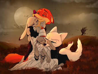 anthro bite biting_another biting_partner clothed clothing cloud costume crossdressing dipstick_ears ear_markings facial_markings fangs female full_moon grass group head_markings holidays hug male markings moon multicolored_ears outside plant sky smile teeth ittybittykittytittys disney halloween zootopia jack_savage judy_hopps nick_wilde skye_(zootopia) arctic_fox canid canine fox lagomorph leporid mammal rabbit red_fox true_fox vampire 2016 4:3 hi_res