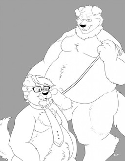 anthro balls bdsm belly collar duo erection eyewear genitals glasses humanoid_hands leash leash_pull male male/male moobs overweight overweight_male penis petplay roleplay simple_background bravo canid canine canis domestic_dog mammal 2018 hi_res monochrome