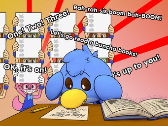 ambiguous_gender beak blue_body blue_bottomwear blue_clothing blue_skirt book bottomwear bow_tie brown_hair cheering cheerleader clothing eyebrows eyewear feral glasses green_eyewear green_glasses group hair hand_on_head head_tuft holding_pamphlet nervous open_book orange_eyewear orange_glasses orange_hair pencil_(object) pink_body simple_background skirt stressed text tuft wearing_glasses writing_on_paper yellow_beak crizbn nintendo rhythm_heaven chris_(crizbn) canid canine fox hue_birds_of_happiness human mammal 2025 4:3 english_text signature nonbinary_(lore)