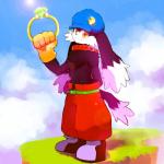 anthro big_ears biped brandishing clothed clothing cloud hand_behind_back headgear jewelry looking_at_viewer male ring sky skyscape smile solo standing topless whiskers young whiteleo bandai_namco klonoa_(series) klonoa domestic_cat felid feline felis mammal 1:1 hi_res