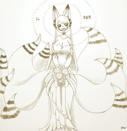 9_tails anthro arms_bent bangs big_breasts biped breasts choker cleavage clothed clothed_anthro clothed_female clothing collarbone dipstick_ears dress ear_markings eyebrows female flower front_view fully_clothed fully_clothed_anthro fully_clothed_female glistening glistening_eyes hair hands_together happy holding_flower holding_object horn huge_breasts jewelry kemono looking_at_viewer markings multi_tail multicolored_ears necklace noseless open_mouth open_smile plant pointy_ears prick_ears simple_background smile smiling_at_viewer solo standing striped_horn striped_markings striped_tail stripes tail tail_markings text veil wedding_dress wedding_veil sho_shibamoto pandemonium_wizard_village kayoh canid canine fox hybrid mammal 2018 absurd_res artist_name hi_res japanese_text monochrome portrait sepia shaded three-quarter_portrait traditional_media_(artwork)