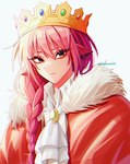 animal_humanoid bangs braided_hair cape clothed clothing crown dream_smp eyelashes femboy frilly fur_cape fur_clothing grey_eyes hair headgear hi_res humanoid long_hair looking_at_viewer male mammal mammal_humanoid pig_humanoid pink_hair red_cape red_clothing sakuuuma00 simple_background solo suid suid_humanoid suina suina_humanoid technoblade white_background