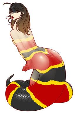 brown_hair brown_sclera butt female hair long_tongue nude open_mouth simple_background solo tongue transformation white_background flittermilk coral_snake elapid_(snake) reptile scalie snake 2015 hi_res