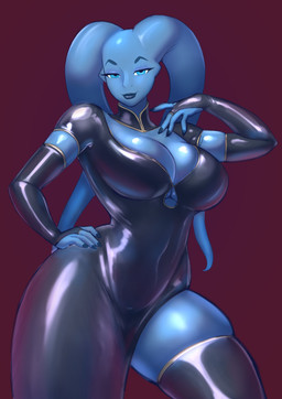 armwear big_breasts blue_body blue_eyes blue_skin breasts cleavage clothed clothing elbow_gloves eyebrows eyelashes female glistening glistening_body glistening_breasts glistening_skin gloves hand_on_hip handwear latex latex_clothing legwear lekku_(anatomy) not_furry smile solo squish thick_thighs thigh_highs thigh_squish wide_hips sanfingulipunrapin star_wars alien alien_humanoid humanoid twi'lek 2026 absurd_res hi_res