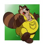 anthro belly black_nose brown_body brown_fur clothing cute_fangs fur humanoid_hands male overalls overweight overweight_anthro overweight_male simple_background solo gregthegoat lazygoatboi canid canine mammal raccoon_dog tanuki 2020 absurd_res hi_res