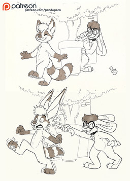 anthro carrot cheek_tuft duo eyewear facial_tuft featureless_crotch food glasses gloves_(marking) hair holding_carrot holding_food holding_object holding_vegetable long_ears magic_user male markings motion_lines nude open_mouth outside plant round_glasses short_hair standing striped_markings striped_tail stripes tail tail_markings transformation tuft vegetable young young_anthro young_male pandapaco lagomorph leporid mammal procyonid rabbit raccoon spot_color
