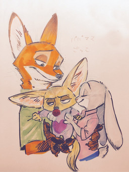annoyed anthro big_ears clothed clothing costume family female fur grey_body grey_fur group long_ears male orange_body orange_fur pacifier simple_background size_difference smile text white_background akapos disney zootopia finnick_(zootopia) judy_hopps nick_wilde canid canine fennec_fox fox lagomorph leporid mammal rabbit red_fox true_fox 2016 3:4 hi_res japanese_text traditional_media_(artwork) translation_request