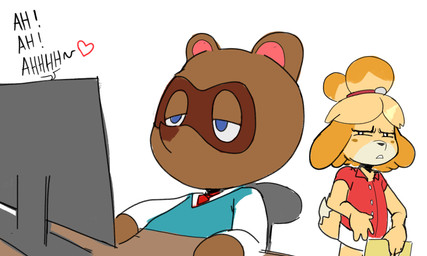 accessory anthro being_watched blonde_hair blue_eyes clothing computer disgust duo electronics female floppy_ears hair hair_accessory half-closed_eyes heart_symbol holding_object looking_at_another looking_at_porn male moan narrowed_eyes pornography simple_background sitting white_background justdavefnd animal_crossing nintendo isabelle_(animal_crossing) tom_nook_(animal_crossing) canid canine canis domestic_dog mammal raccoon_dog tanuki 5:3 hi_res