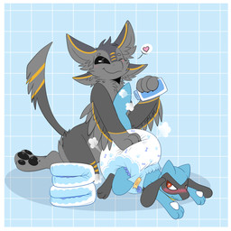 3_fingers 3_toes ambiguous_gender anthro arm_feathers baby_powder big_diaper black_body black_eyes black_fur black_pawpads blue_body blue_fur blue_tail blush blush_lines border claws clean_diaper clothed clothing cloud_emanata container diaper diaper_change diaper_only diaper_puff duo emanata feathers feet finger_claws fingers floppy_ears folded_diaper fur geometric_background grey_body grey_fur grey_tail hand_on_diaper heart_symbol holding_container holding_object huge_diaper kneeling looking_at_another looking_back looking_back_at_another lying multicolored_body multicolored_fur multicolored_tail on_front one_eye_closed pawpads simple_background smile smirk speech_bubble tail toes topless touching_diaper two_tone_body two_tone_fur wearing_diaper white_border wink yellow_body yellow_fur jupiters nintendo pokemon avii_cinderfeather avali generation_4_pokemon pokemon_(species) riolu 1:1 hi_res