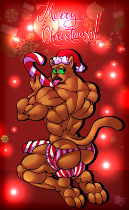 anthro biped butt candy candy_cane christmas_clothing christmas_headwear clothing dessert food fur genitals green_eyes hat headgear headwear holidays kneeling kneeling_on_ground licking_food looking_at_viewer looking_back looking_back_at_viewer male muscular muscular_male orange_body orange_fur paws penis pose rear_view santa_hat seductive solo text tongue tongue_out bobthetanuki christmas the_impossible_quiz chris_(the_impossible_quiz) domestic_cat felid feline felis mammal digital_drawing_(artwork) digital_media_(artwork) english_text full-length_portrait hi_res portrait red_theme shaded simple_shading warm_colors