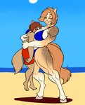 anthro beach big_breasts big_muscles blush breast_smother breasts clothing duo female male male/female muscular muscular_female muscular_thighs seaside smothering sun swimwear kaboozle barbra_(mchobbit) mr._amp equid equine horse mammal mustelid musteline true_musteline weasel 2020 hi_res