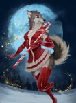 anthro blue_eyes candy candy_cane canid canine canis christmas christmas_clothing clothed clothing cloud cloudy_(disambiguation) cloudy_sky conditional_dnp dessert domestic_dog evergreen_tree female food full_moon fur hi_res holidays husky latex latex_(artist) legwear licking licking_candy mammal moon natascha nordic_sled_dog on_one_leg outside pine_tree plant red_clothing red_legwear red_tights sky snow solo spitz standing suit tights tongue tongue_out tree