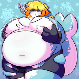 anthro belly bloated blonde_hair blush bottomwear breast_fondling breast_play breasts clothed clothing female fondling glistening glistening_belly gloves green_eyes hair hand_on_breast handwear inflation navel nipple_outline open_bottomwear open_clothing open_shorts overweight overweight_female pirate shorts sleeveless_shirt solo taut topwear torn_bottomwear torn_clothing torn_topwear tuvandalist tribal_hunter captain_killsha fish marine shark hi_res shaded