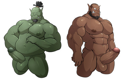 abs areola balls beard belly biceps brown_body brown_skin deltoids duo erection facial_hair genitals green_body green_skin hair humanoid_genitalia humanoid_penis humanoid_pointy_ears male male/male muscular muscular_male nipples not_furry nude pecs penis pointy_ears ponytail red_body red_skin simple_background slightly_chubby smile tusks maldu humanoid mammal orc 16:10 2017 absurd_res digital_media_(artwork) hi_res widescreen