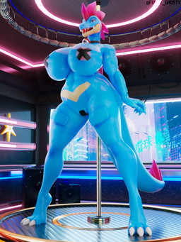 anthro areola big_breasts blue_body blue_eyes breasts collar collar_only dancing female huge_breasts maebari multicolored_body nipple_tape nude pasties pink_areola pink_body pokeball pokeball_collar pole pole_dancing solo stripper stripper_pole tan_body tape thick_thighs wide_hips furry_ghosty valorlynz_(modeler) nintendo pokemon yuki_(evov1) yukigatr_(evov1) feraligatr generation_2_pokemon pokemon_(species) 2026 3:4 3d_(artwork) absurd_res digital_media_(artwork) hi_res