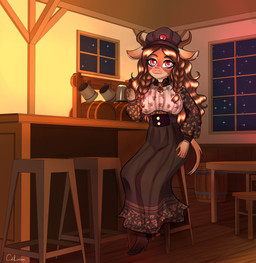 alcohol anthro beer beverage biped clothed clothed_anthro clothed_female clothing detailed_background drunk female horn inside looking_at_viewer night pose solo substance_intoxication tavern caliluminos bovid bovine cattle mammal 2023 absurd_res digital_drawing_(artwork) digital_media_(artwork) full-length_portrait hi_res portrait shaded simple_shading